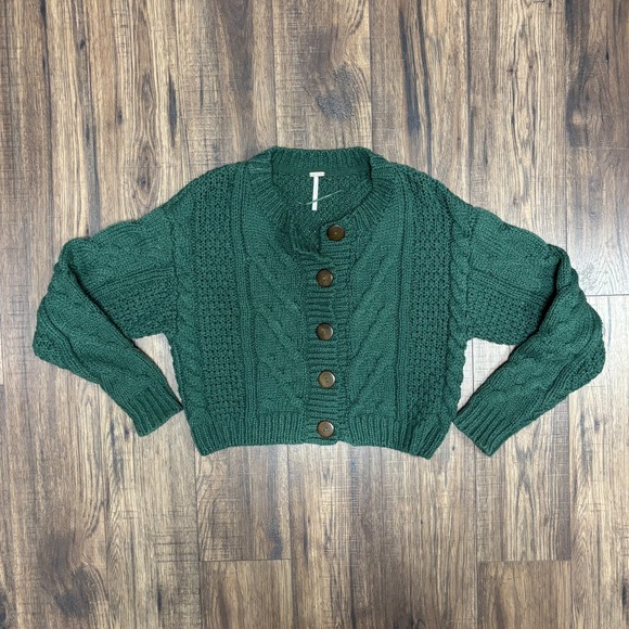 Free People Bonfire Cardi Cropped Button Up Cable Knit Green Boho Cottagecore S - Picture 2 of 9